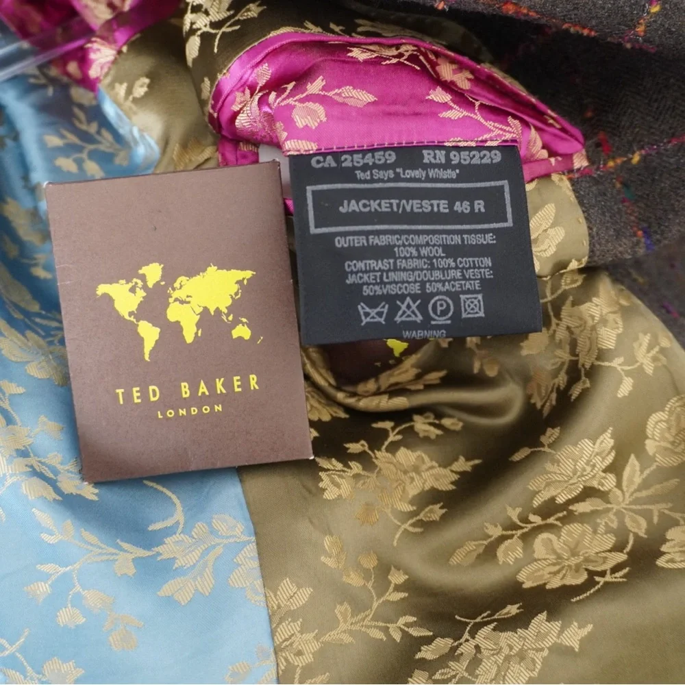 TED BAKER Brown Fuchsia Window Pane 100% Wool Sport Coat Velvet Elbow Collar 46R